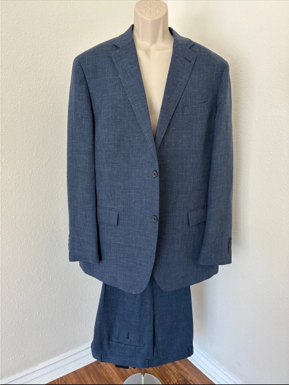 NORDSTROM MEN’S SHOP Blue Linen Trim Fit Single Breasted Suit Jacket Pants 48L